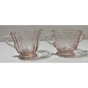 Vintage Federal Glass Pink Madrid Indiana Glass Open Sugar Bowl‎ and Creamer Set